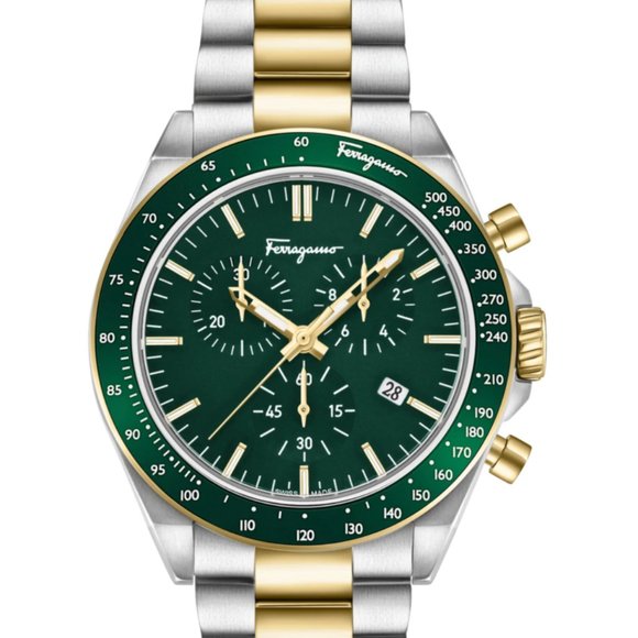 SALVATORE FERRAGAMO 43MM TWO TONE GREEN FACE MENS WATCH!